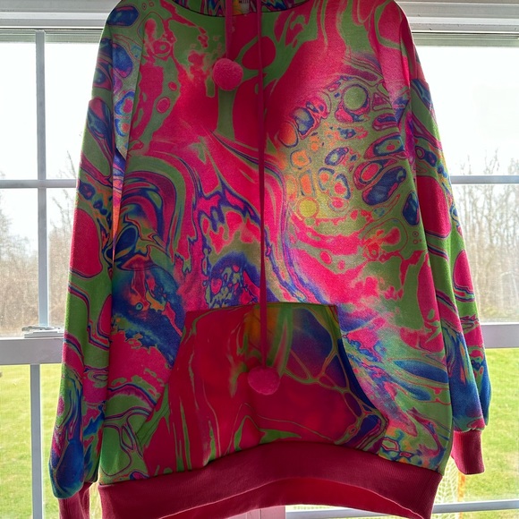 Dolls Kill Club Exx Acid Amoeba Oversized Hoodie New Small Pink Cat Ears Rave - Picture 3 of 7